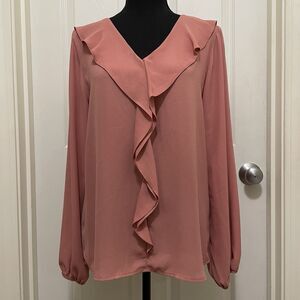 Adrienne Vittadini Ruffle Front V-Neck Blouse Shirt Mauve Pink Women's Medium
